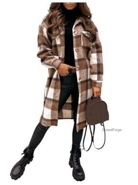 Long Plaid Flannel Shacket Button Down Lapel Shirt Jacket Fuzzy Trench Coat